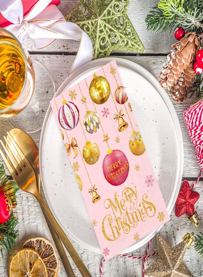 JarThenaAMCS مناديل ضيوف عيد الميلاد من JarThenaAMCS، 100 قطعة، مزينة بكرات عيد الميلاد باللونين الوردي والذهبي، مناديل ورقية للاستخدام مرة واحدة، مناديل ورقية مزينة بكرات ديسكو، مثالية لتزيين طاولة الطعام في المنزل أو الحفلات. - Image 3